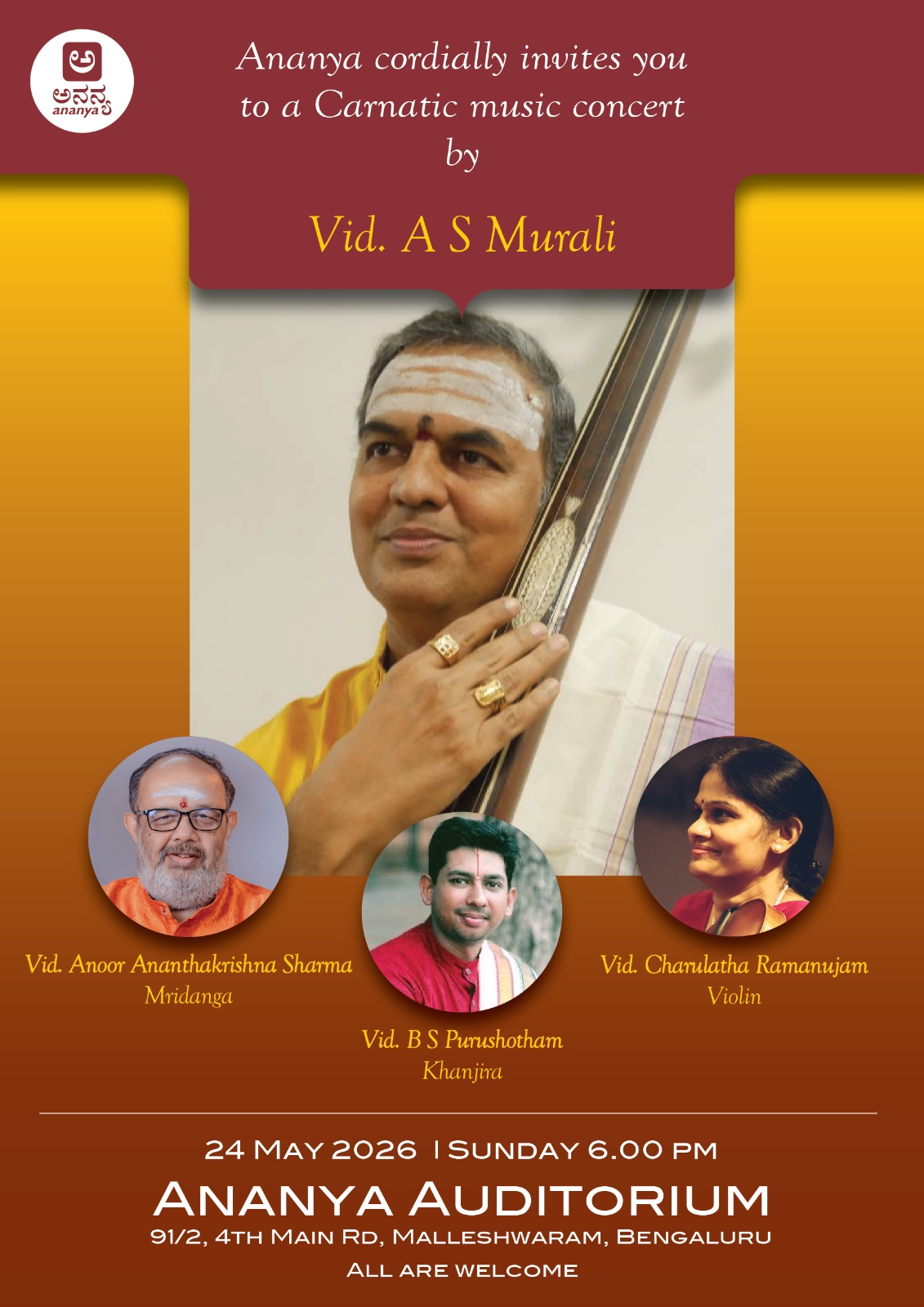 Carnatic Music Concert by Vid. A S Murali poster