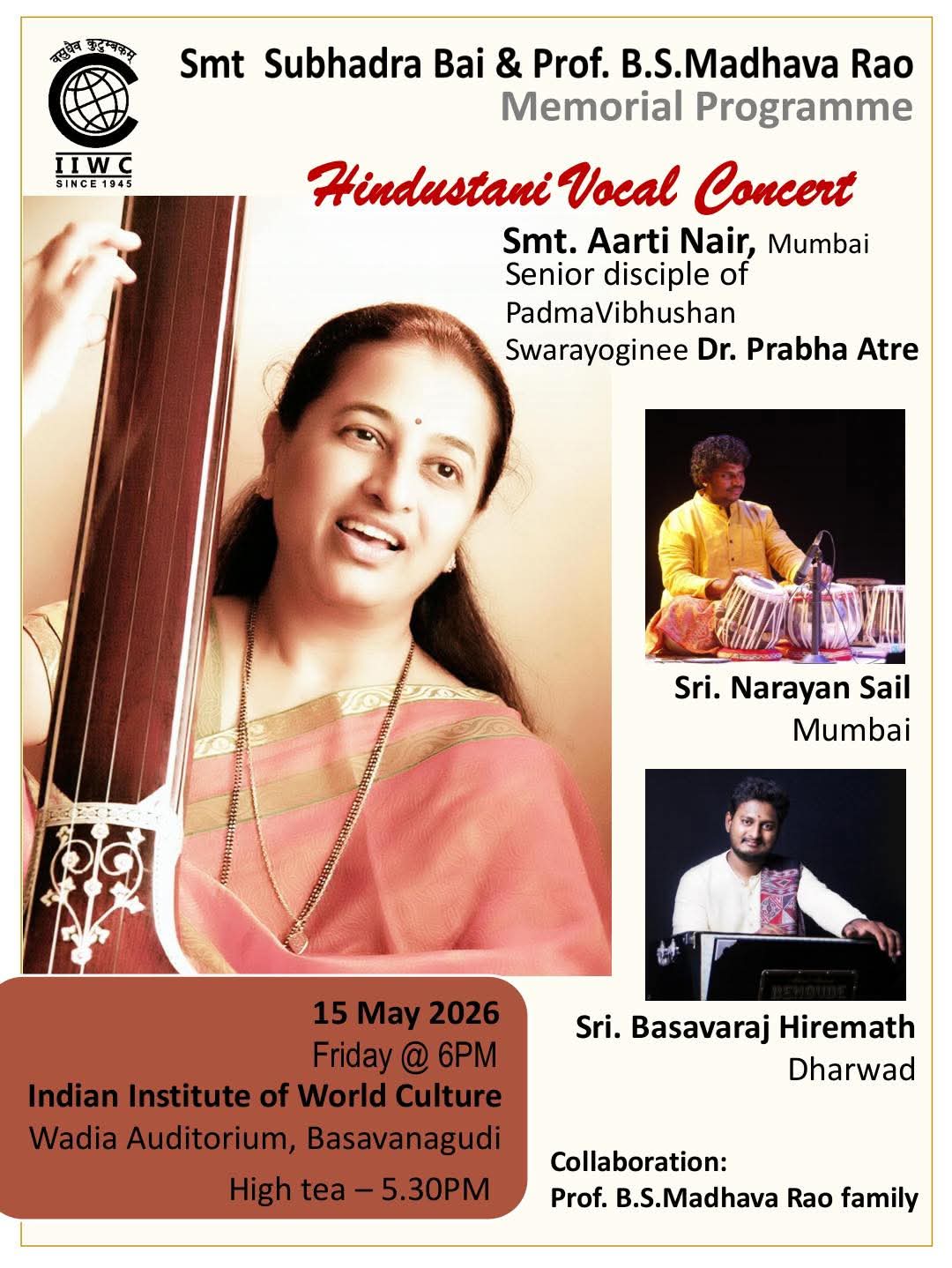 Smt Subhadra Bai & Prof. B.S.Madhava Rao Memorial Programme - Hindustani Vocal Concert poster
