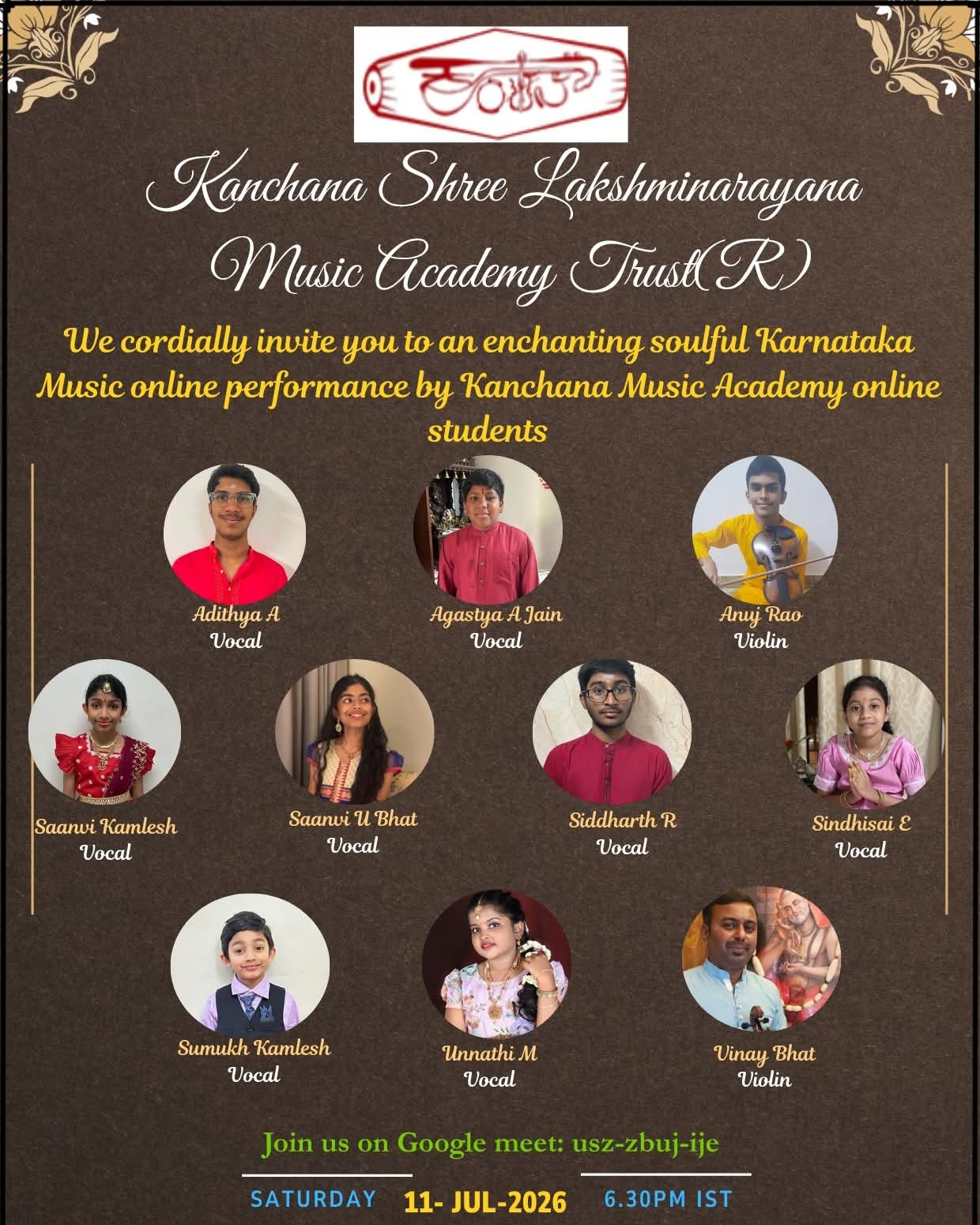 An enchanting soulful Karnataka Music online performance poster